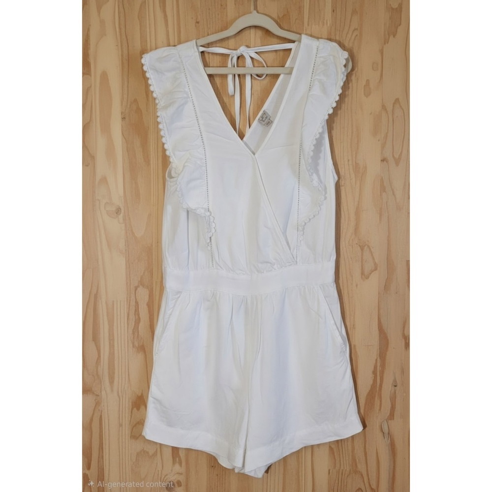 LOFT White Cotton Romper Shorts Jumpsuit Ruffle Eyelet Lace Pocket Size Medium